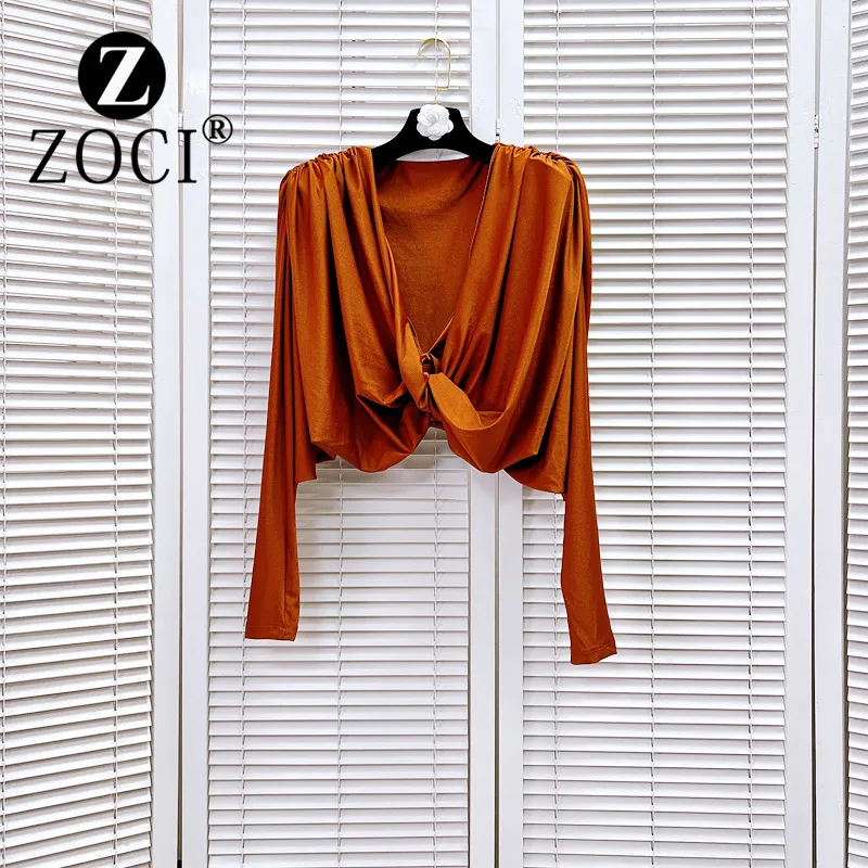 [ZOCI] Goods Autumn Acetic Acid Knitted V-neck Long Sleeve Twisted Short Top Inner Skincare Two Piece Set