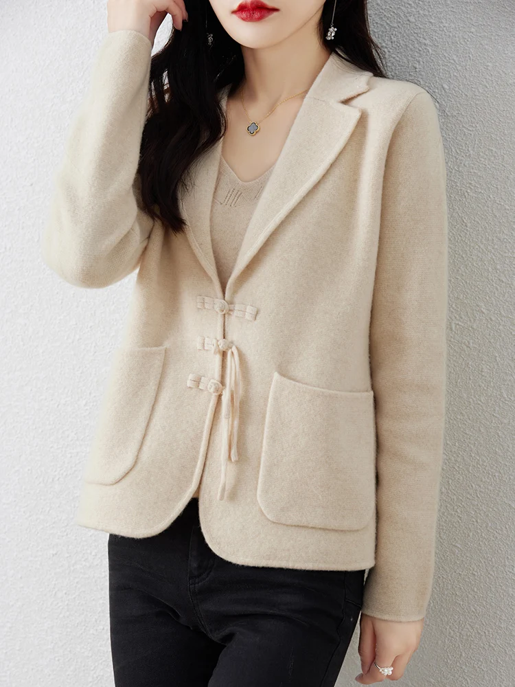 

Spring and Autumn New Knitted Cardigan 100% Pure Wool Suit Collar Coat Women's Pan Button National Style Short Fit Top