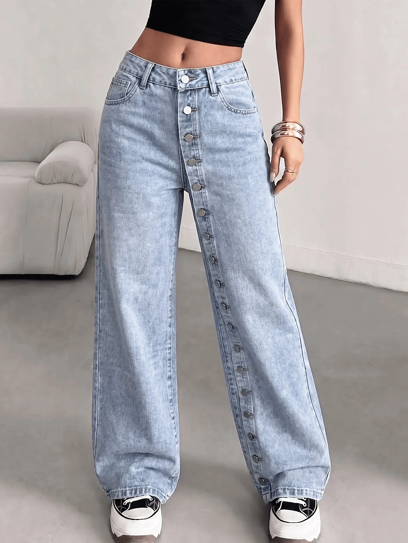 Women High Waist Single Row Button Wide Leg Jeans Vintage Light Wash Loose Baggy Denim Pants Casual Streetwear Long Trousers Wit