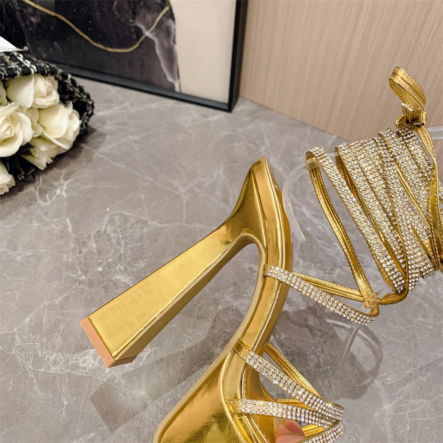 Gold Silver Platform Super High Heels 15cm Shoes For Women Party Summer Sexy  Crystal Cross Strap Square Toe Prom Sandals Pumps