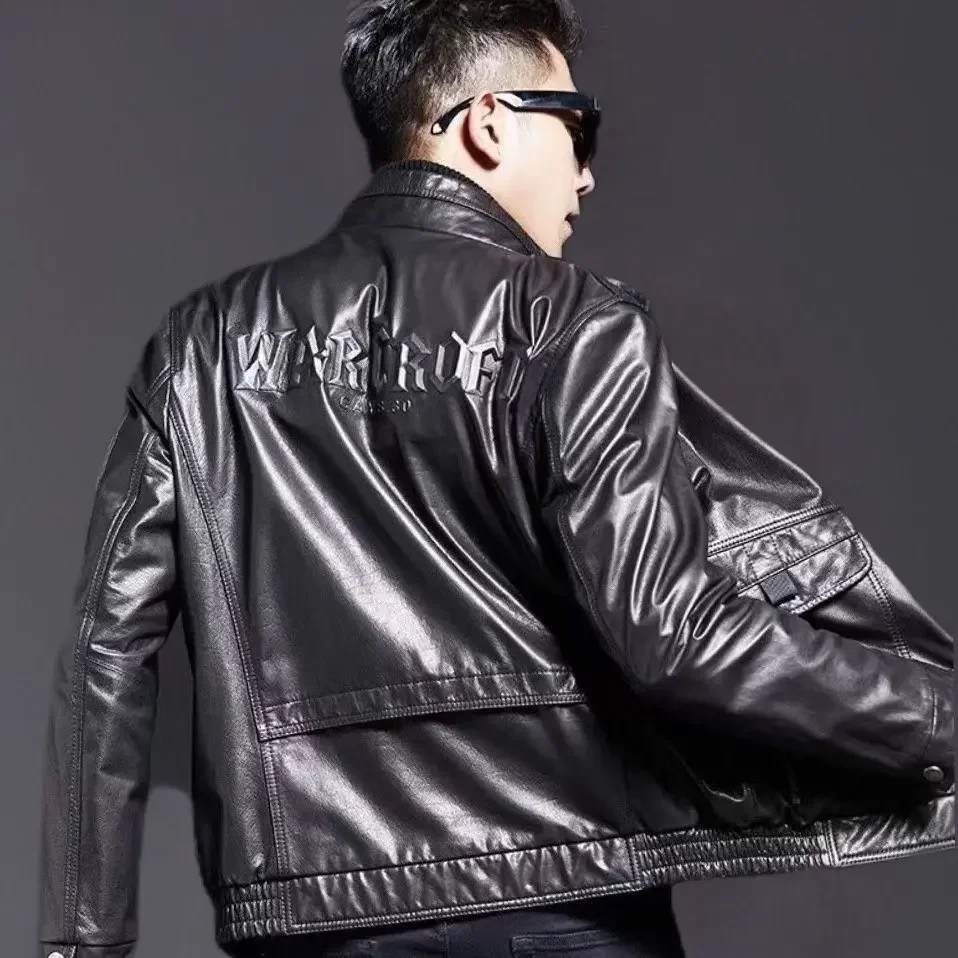 Men's Genuine Leather Jacket Biker Motorcycle Wear Short Standing Collar Oil Wax Leather Jacket Men Sheepskin Jacket Man Coat