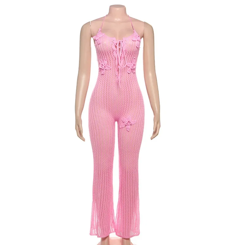 Leosoxs Tuta senza schienale con lacci con scollo all'americana lavorata a maglia da donna Pagliaccetti skinny senza maniche con applicazioni di fiori 2025 Abbigliamento da spiaggia per le vacanze estive