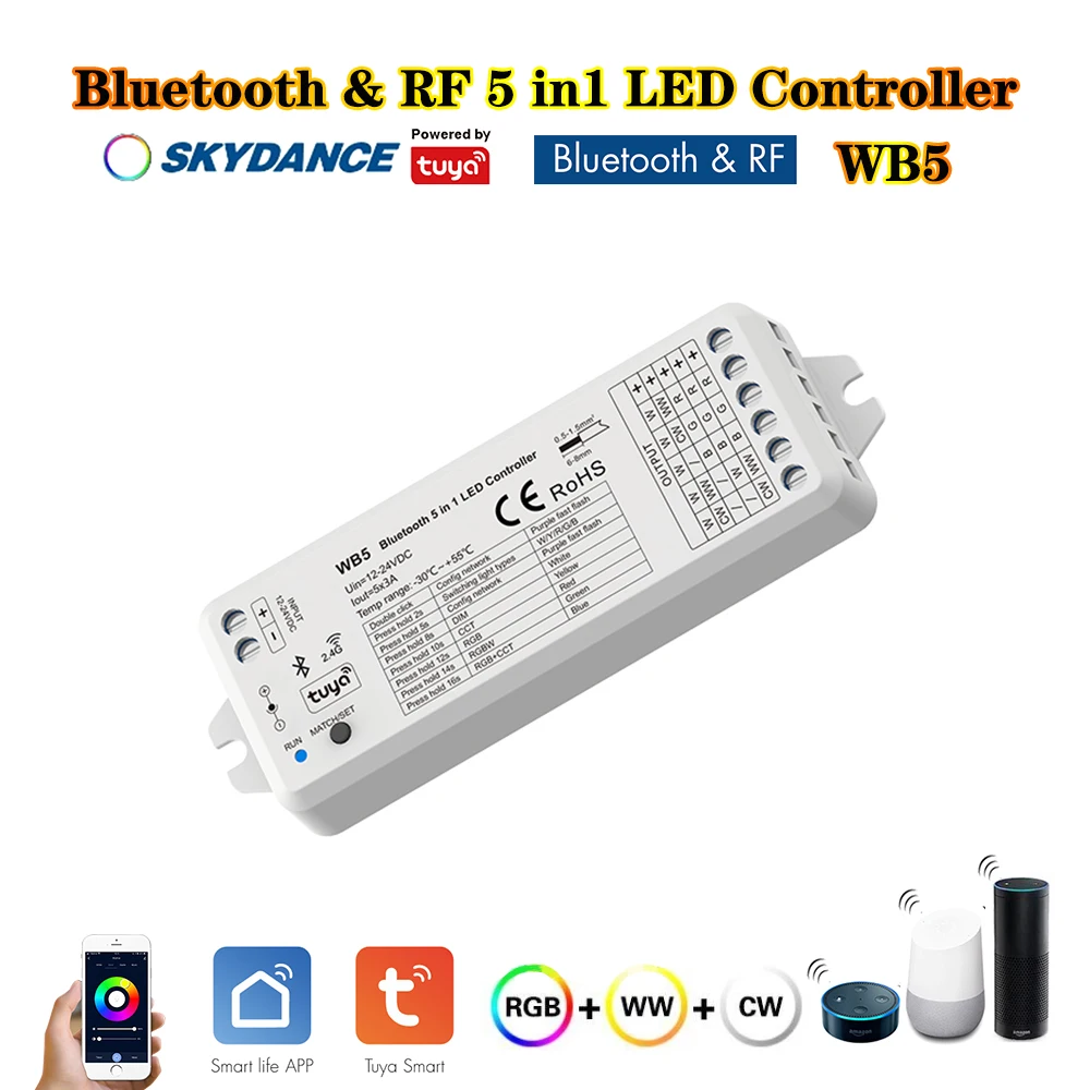 

Skydance WB5 DC12-36V 5In1 Smart Bluetooth Tuya 2,4GRF Контроллер диммера для одинарной/двойной белой светодиодной ленты RGB RGBW RGBCCT