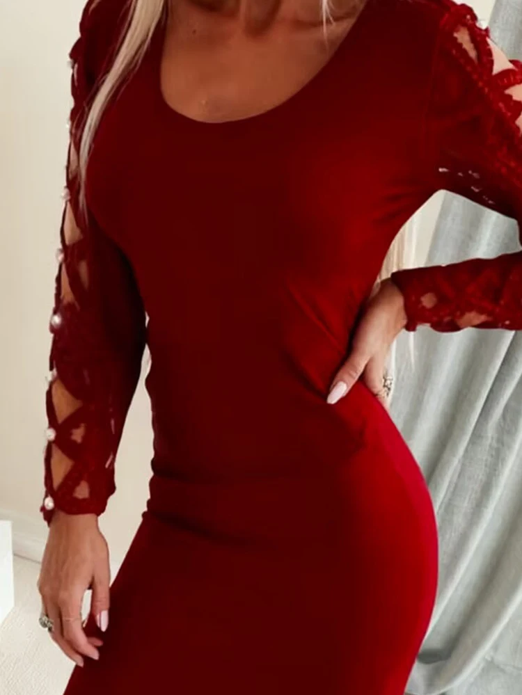 เดรสสั้นสีพื้นปักลายลูกปัดแขนยาวสไตล์ลำลองสำหรับผู้หญิง ดีไซน์หรูหรา คอทรงโอเว้าช่วงเอว