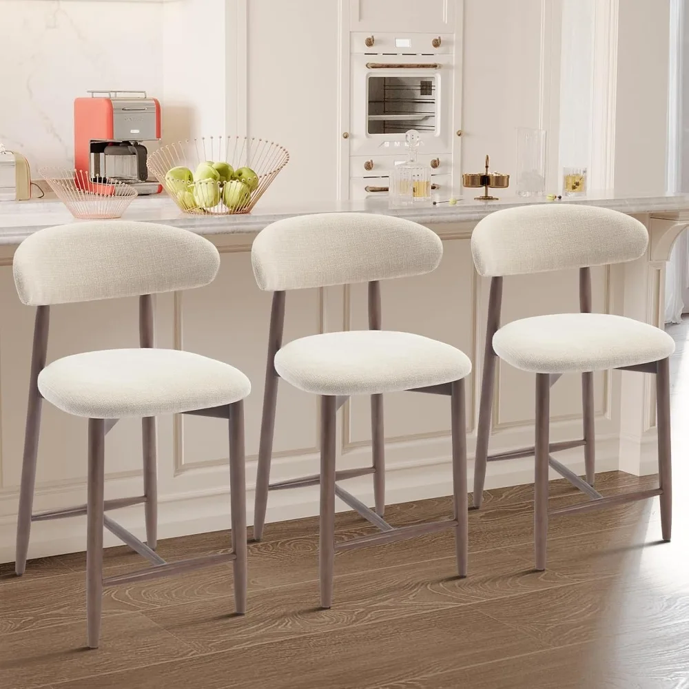 

Counter Height Bar Stools Set Of 3, Upholstered Barstools With Back, Mid Century Modern Stools With Wood Legs For Kitchen Islan