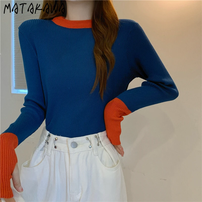 MATAKAWA Sweater Korean Fashion Thin Y2k Pullover Contrast Color Retro Long Sleeve Slim Jersey Top Elegant Sueters De Mujer