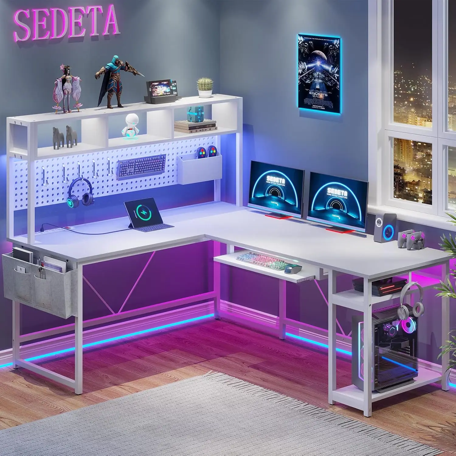 

SEDETA White L Shaped Gaming Reversible Corner Desk Power Outlet Pegboard with Hutch Storage Shelf Keyboard Tray LED Lights