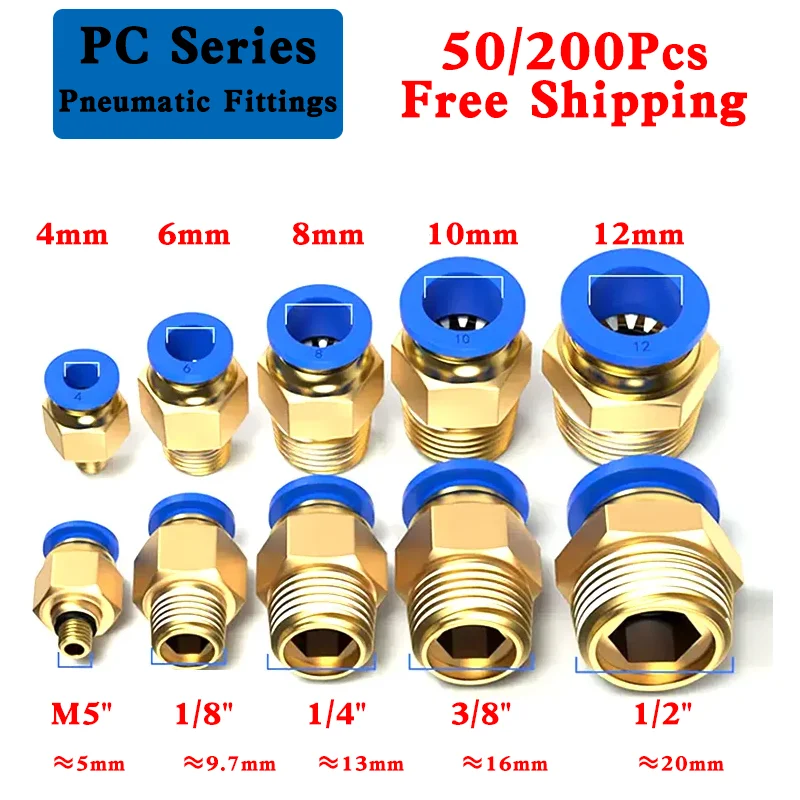 50/200Pcs Air Connector Pneumatic Fitting PC 4mm 6mm 8mm 10mm 12 Thread 1/8