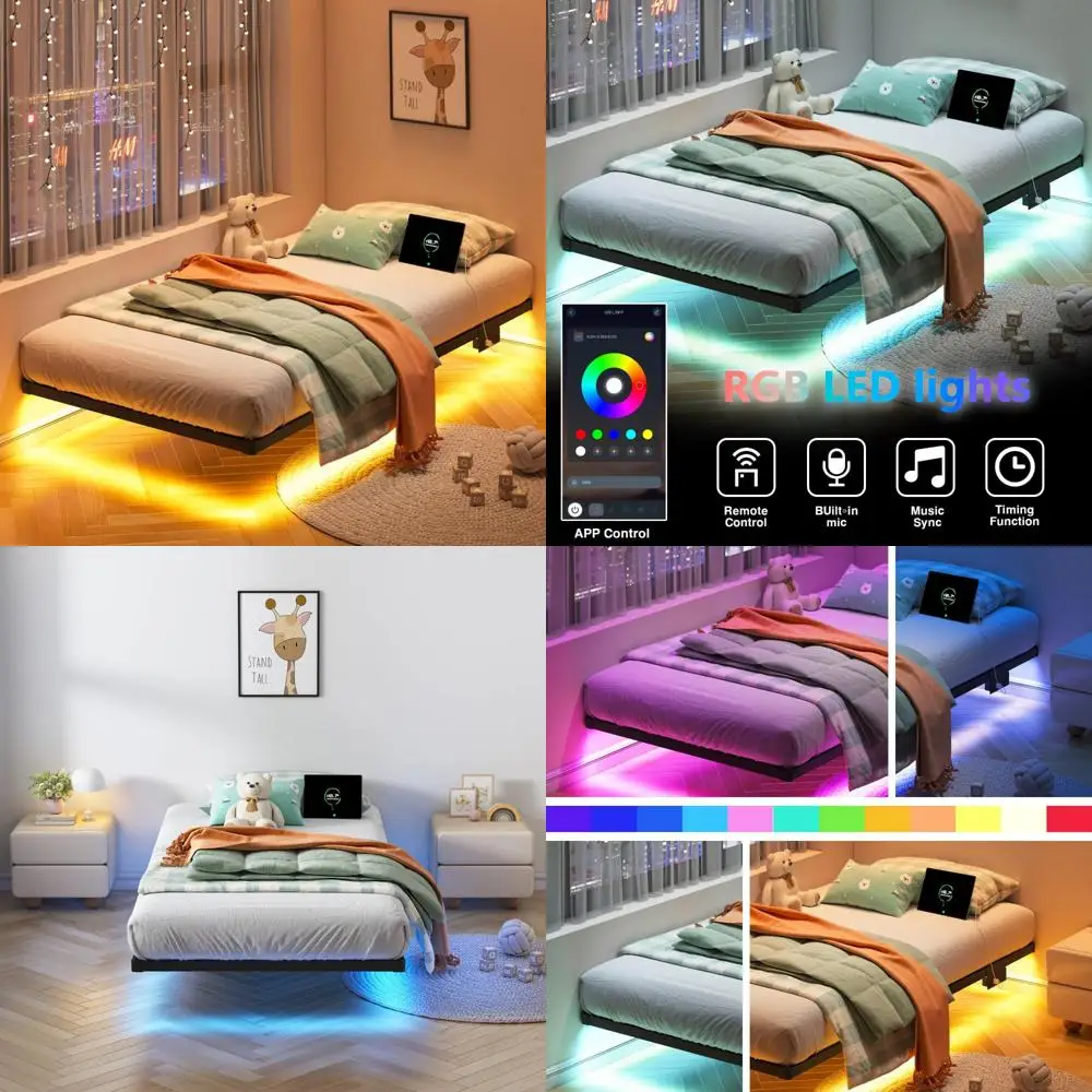 إطار سرير بمنصة عائمة مزدوجة الحجم مع أضواء LED، محطة شحن، ارتفاع 10 بوصة - لا حاجة إلى صندوق زنبركي، سهل التجميع، وضع #1