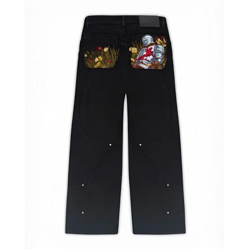 

Deeptown Black Graphic Embroidery Jeans Women Man Y2k Vintage Wide Leg Straight Denim Trousers Hip Hop American Style Streetwear