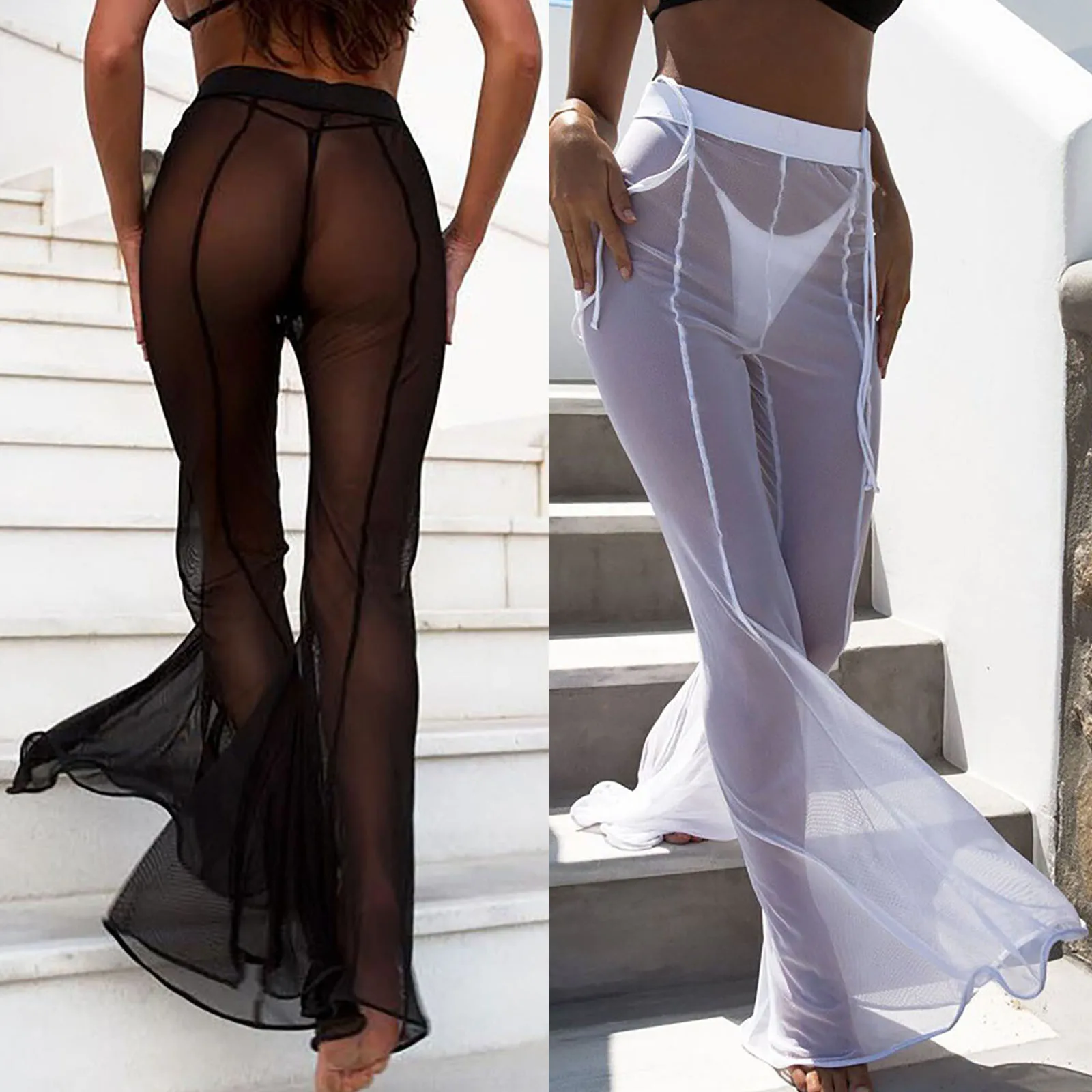 

Plus Size Hot Beach Women Mesh Long Pant See Through Boho Mesh Slim Leggings Trouser Sheer Party Cocktail Bell Bottomed Pants