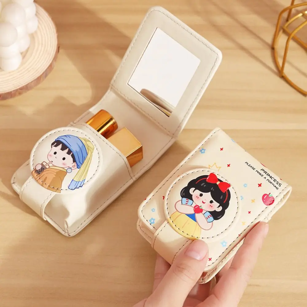 New With Mirror Lipstick Bag PU Leather Mini Makeup Bag Cartoon Portable Lipstick Protective Cover