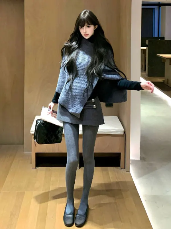 

Korean Sle Faionable Cowl Ne Wrap oulder f Skirt Two Piece Set ort Sve Comfortable High Waist Pure Color Autu...