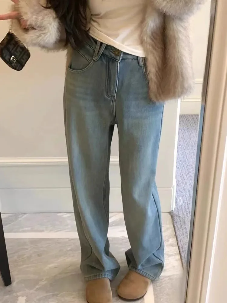 

Thiened Fce Women's Jeans High Waist Wide Leg Pants Light Blue Straight Cut Trousers Spring Faion plus Size Slimming