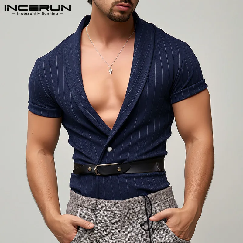 

2024 Summer Shirts Men INCERUN Fashion Short Sleeve Tops Men Clothing Streetwear Casual Shirts Stripe Shirt S-5XL Button V Neck