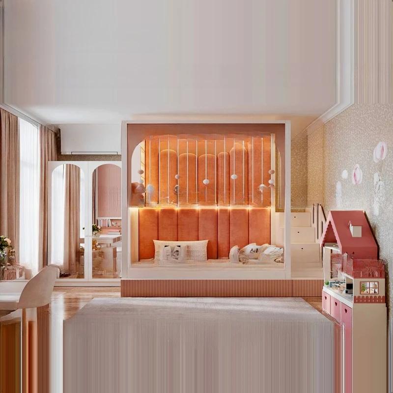 Кровать для родителей и детей, двуспальная двухъярусная кровать, мягкая сумка из массива дерева, лестница для хранения b ed.