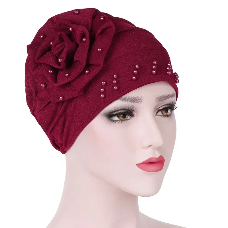 Helisopus Women New Fashion Ruffle Beaded Solid Scarf Cap Muslim Head Wrap Chemo Turban Bandanas Ladies Hair Accessories