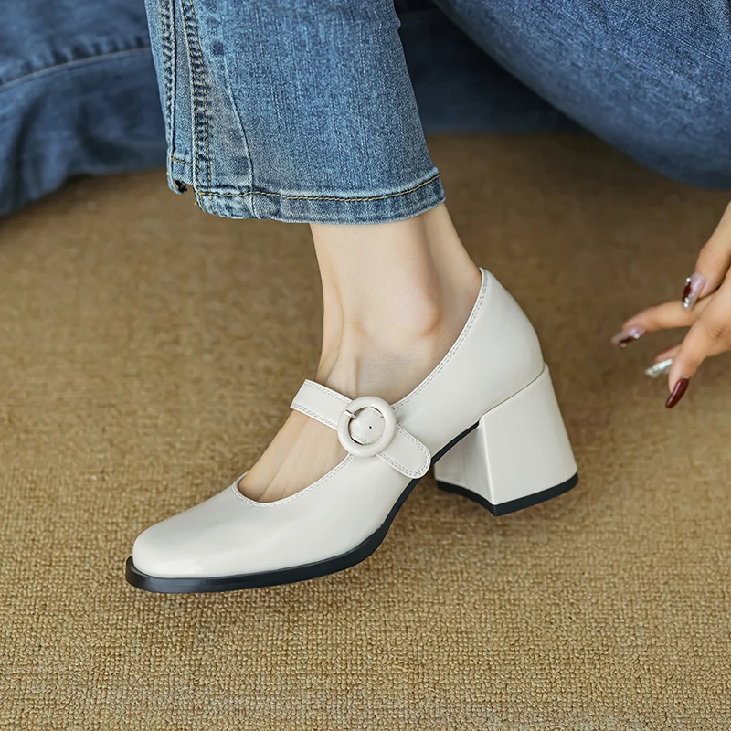 Women Pumps Thick Heels Spring Patent Leather Mary Janes Genuine Leather Round Toe Buckle Strap Retro Office Lady Shoes Woman