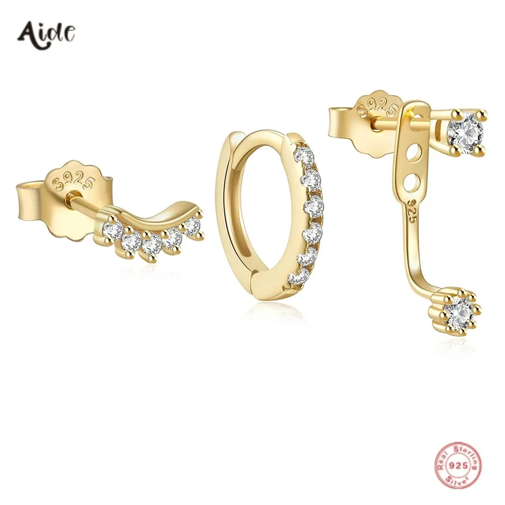 Aide 3 unids/set de Pendientes de tuerca de circonita redonda de Plata de Ley 925 para mujer, Pendientes minimalistas de oro, conjunto de joyería de aros