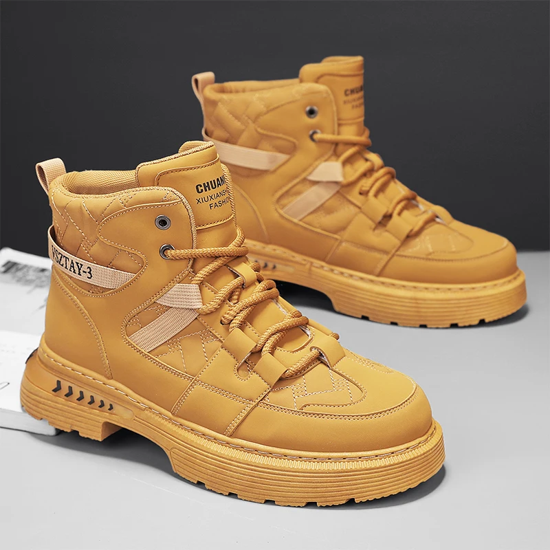 

Модные желтые рабочие ботинки, мужские высокие рабочие ботинки, осенние уличные ботинки, мужские мотоциклетные ботинки для скалолазания, мужские ботинки на платформе в стиле ретро