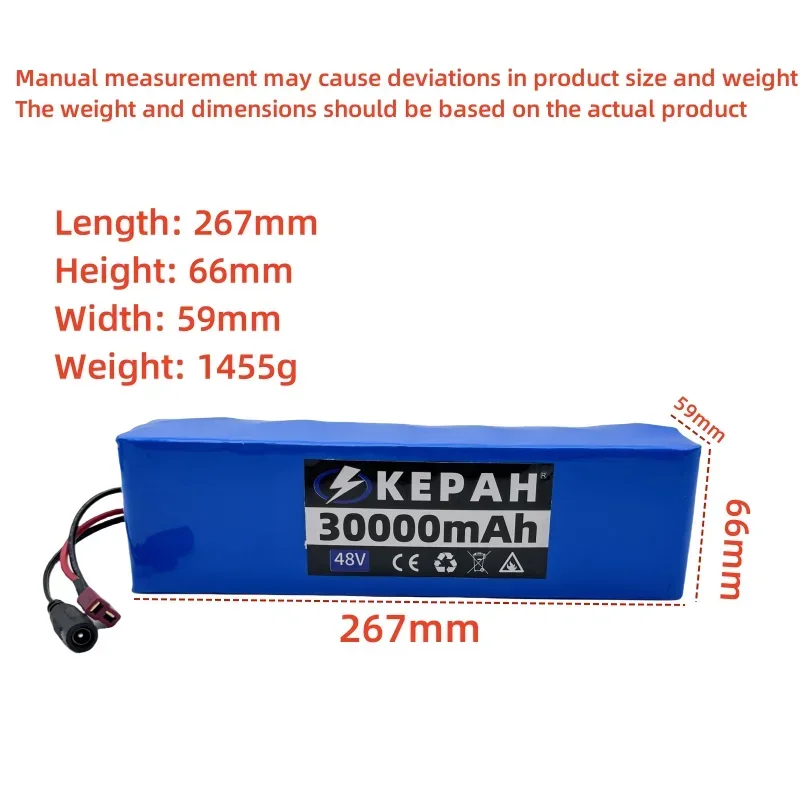 54.6V 30AH 18650 high-quality lithium-ion battery pack, 48V, 30000mAh, 2000W, 13S3P, 52V, with BMS and 54.6V charger