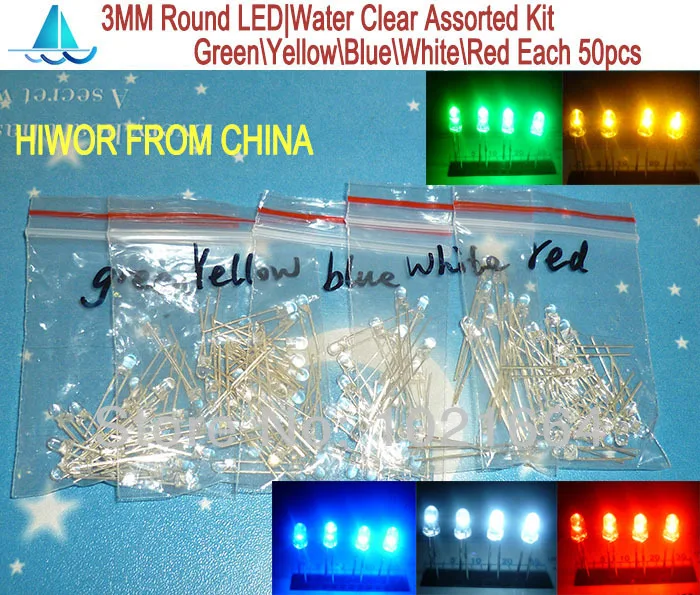 (250pcs/lot)(LED|Round 3MM) 3MM LED Assortment Kit, Ultra Bright,Water Clear, Green/Yellow/Blue/White/Red, Light Emitting Diode