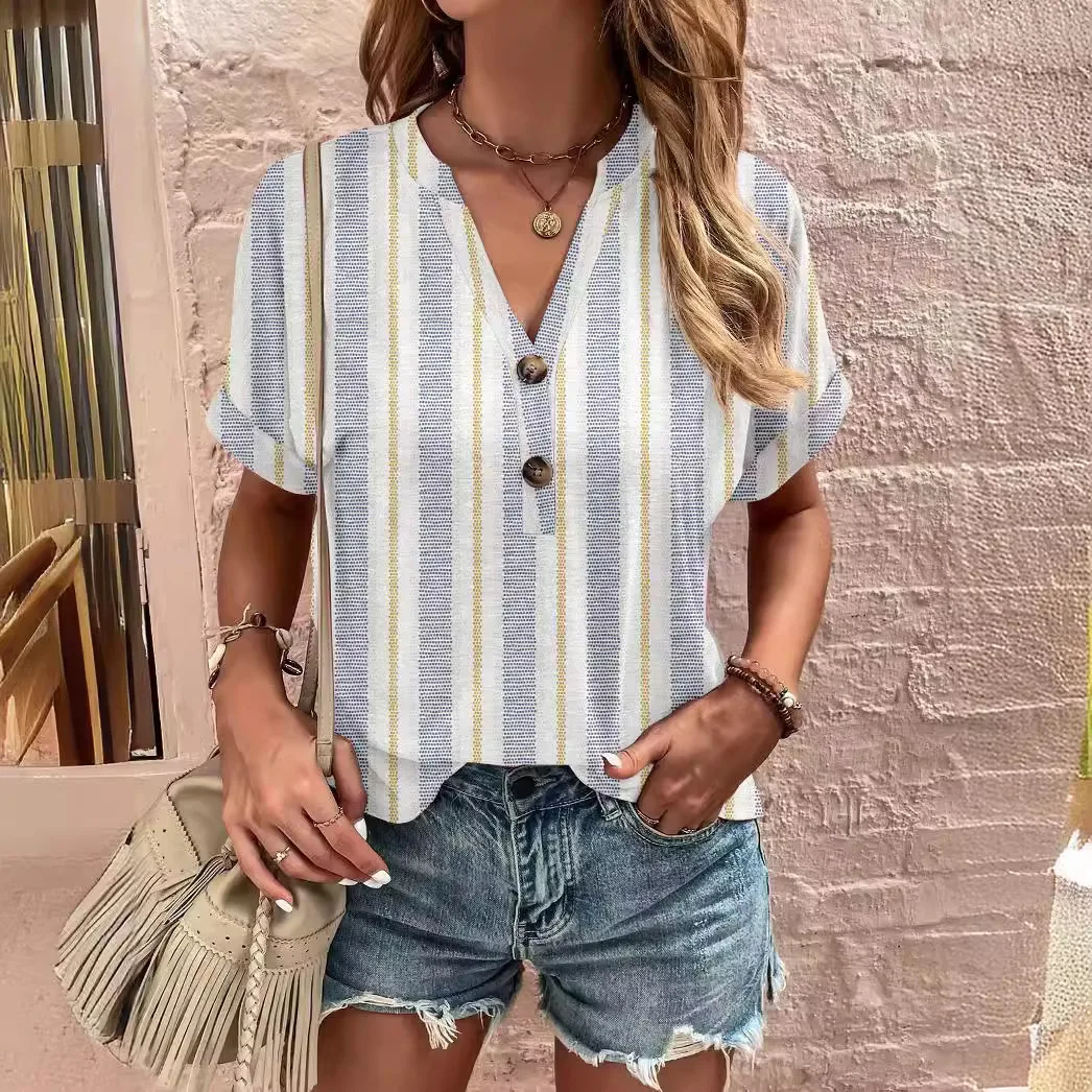 Nowa letnia moda damska koszulka z nadrukiem z dekoltem w kształcie litery V damska koszulka Harajuku modny guzik z krótkim rękawem Top luźny