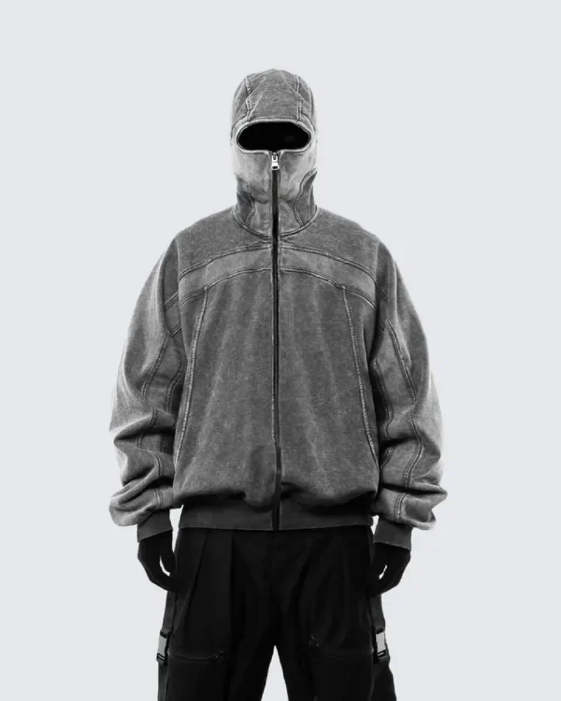 Hoodie Men Washed Gray Ninja Pullover Sweatshirt Classic Balaclava Hip Hop Patchwork 2000s Retro Winter Streetwear Couples Tops