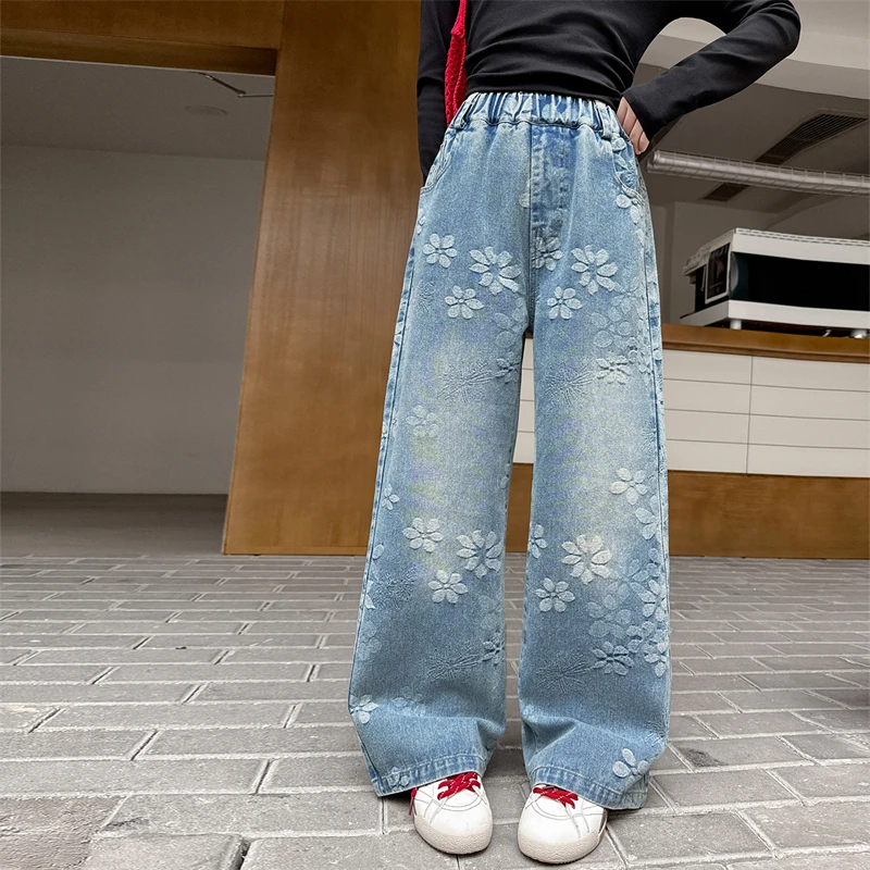 American Street Style Kids Clothing Retro Denim Trouser Child Girl Fashion Jacquard Design Y2K Loose Straight Ripped Jeans Pants 6