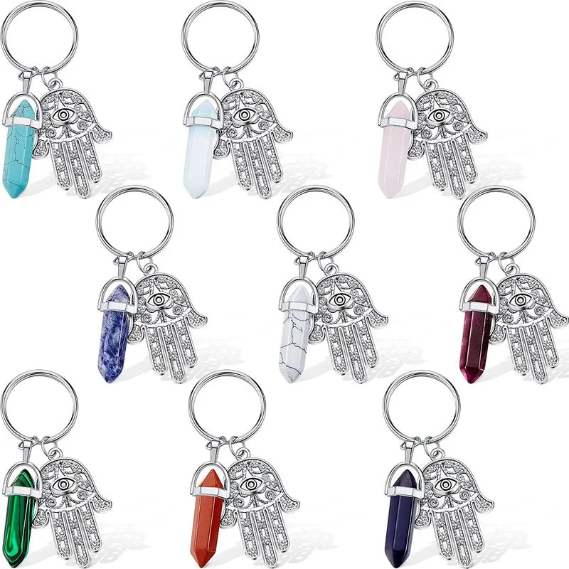 Natural Stone Keychain For Women Healing Hexagonal Crystal Column Chakra Hamsa Hand Amulet Car Keyrings Handbag Accessories Gift