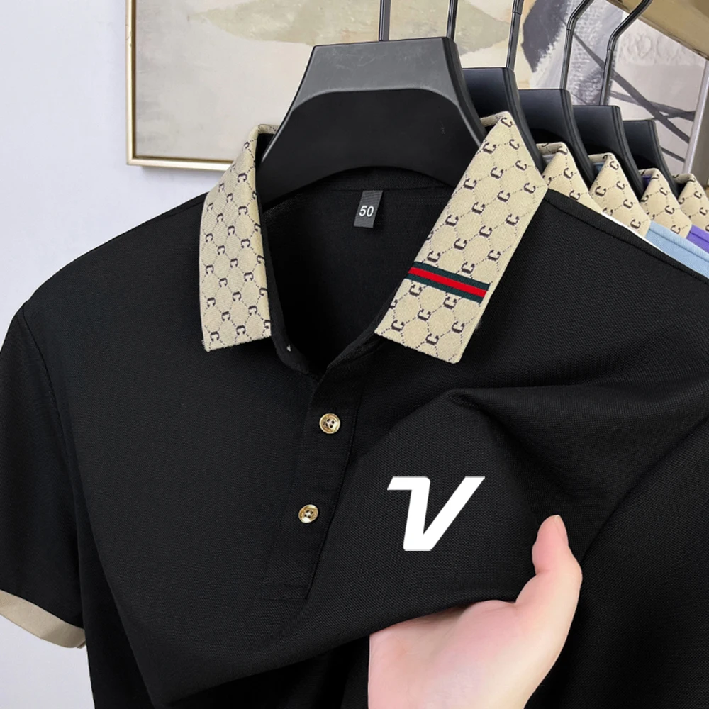 

Men's Summer High end New Mulberry Silk Short Sleeve Printed Pattern Comfortable and Refreshing Korean Golf Business T-shirt