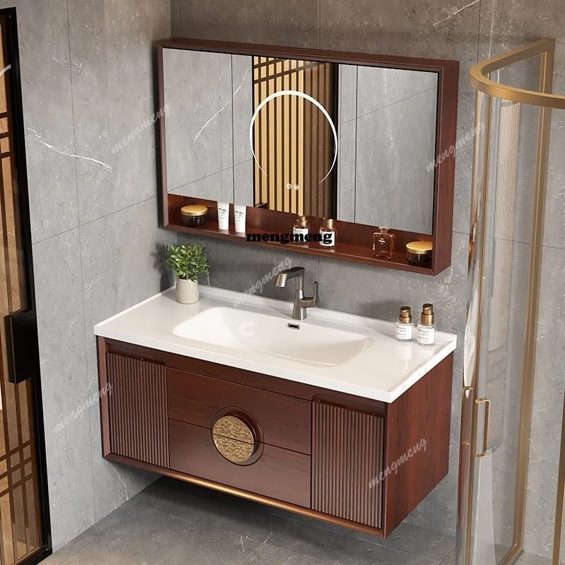 

Chinese oak bathroom cabinet ceramic integrated basin floor-to-ceiling ebony intelligent wash basin cabinet combination