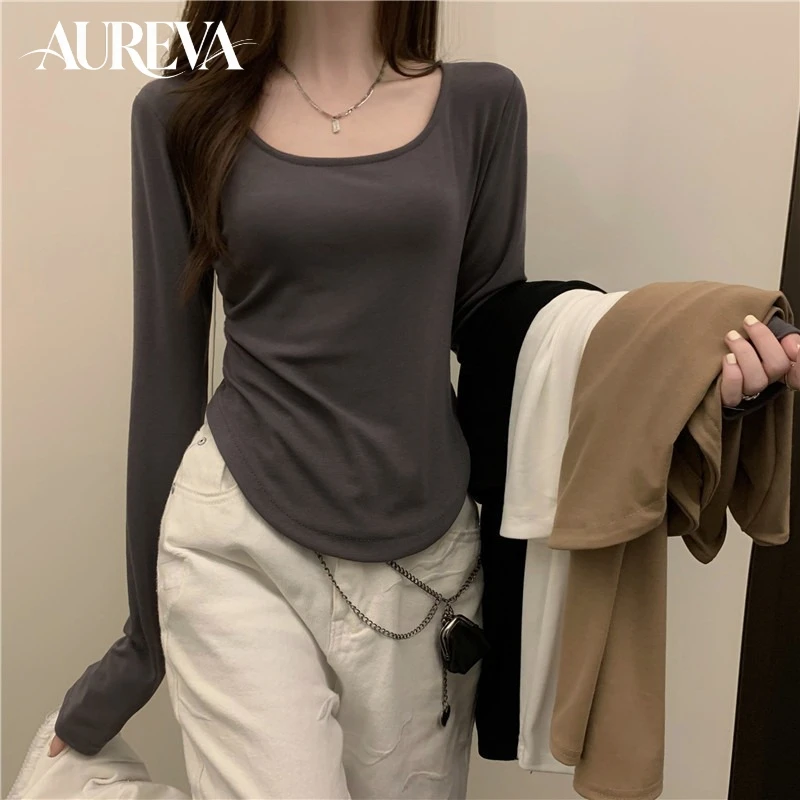 Women's Square Neck Long Sleeve Base T-Shirt Slim Fit Curved Hem Warm Autumn Winter Inner Wear Basic Top