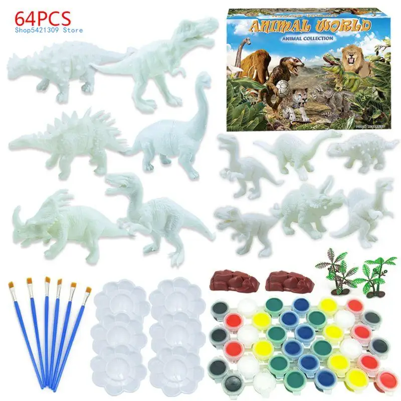 

85WA 64Pcs/Set DIY Dinosaur White Dinosaur Model 3D Painted Hand Coloring Tyrannosaurus Kids Educational Toy