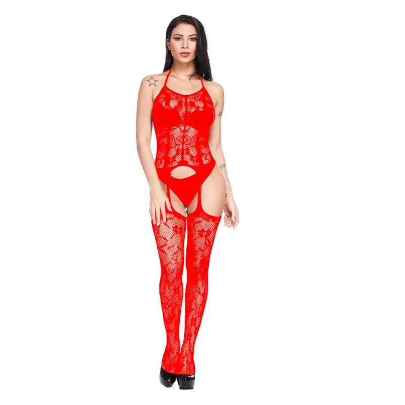 One Pieces Jumpsuit Sexy Open Crotch Lingerie Fishnet Bodystocking Women Erotic Outfits Plus Size Rompers Halter Mesh Bodysuit