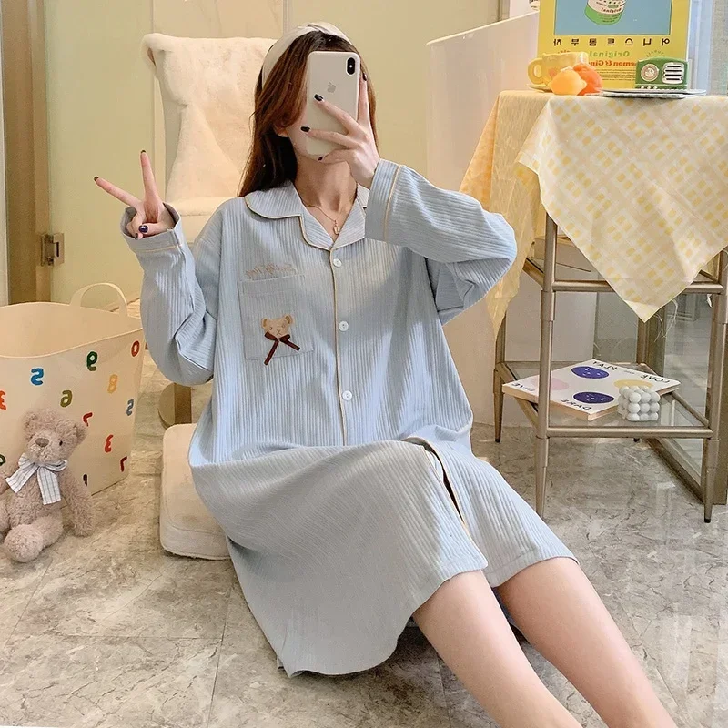 2026 Autumn Long Sleeve Cotton Nightgowns for Women Korean Loose Cardigan Sleepwear Night Dress Nightdress Homewear Home Nighty