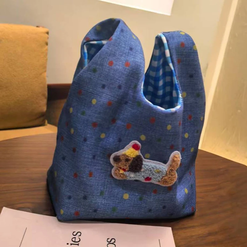 

Fashion Dachshund Denim Tote Bag Cute Cartoon Handbag Bento Bag Portable Lunch Pouch Small Shopping Bag Storage Bag