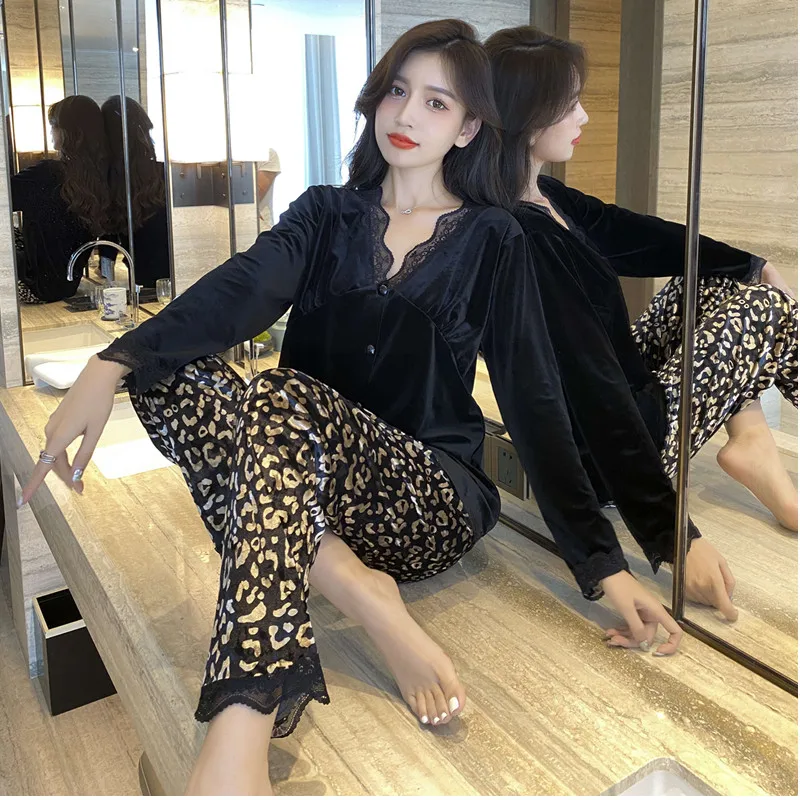 Retro Trend Leopard Print Fleece Women\'s Pajamas French Elegant Fashion Chic Home 2pc Set 2024 New Autumn/winter Y2k Nightgown