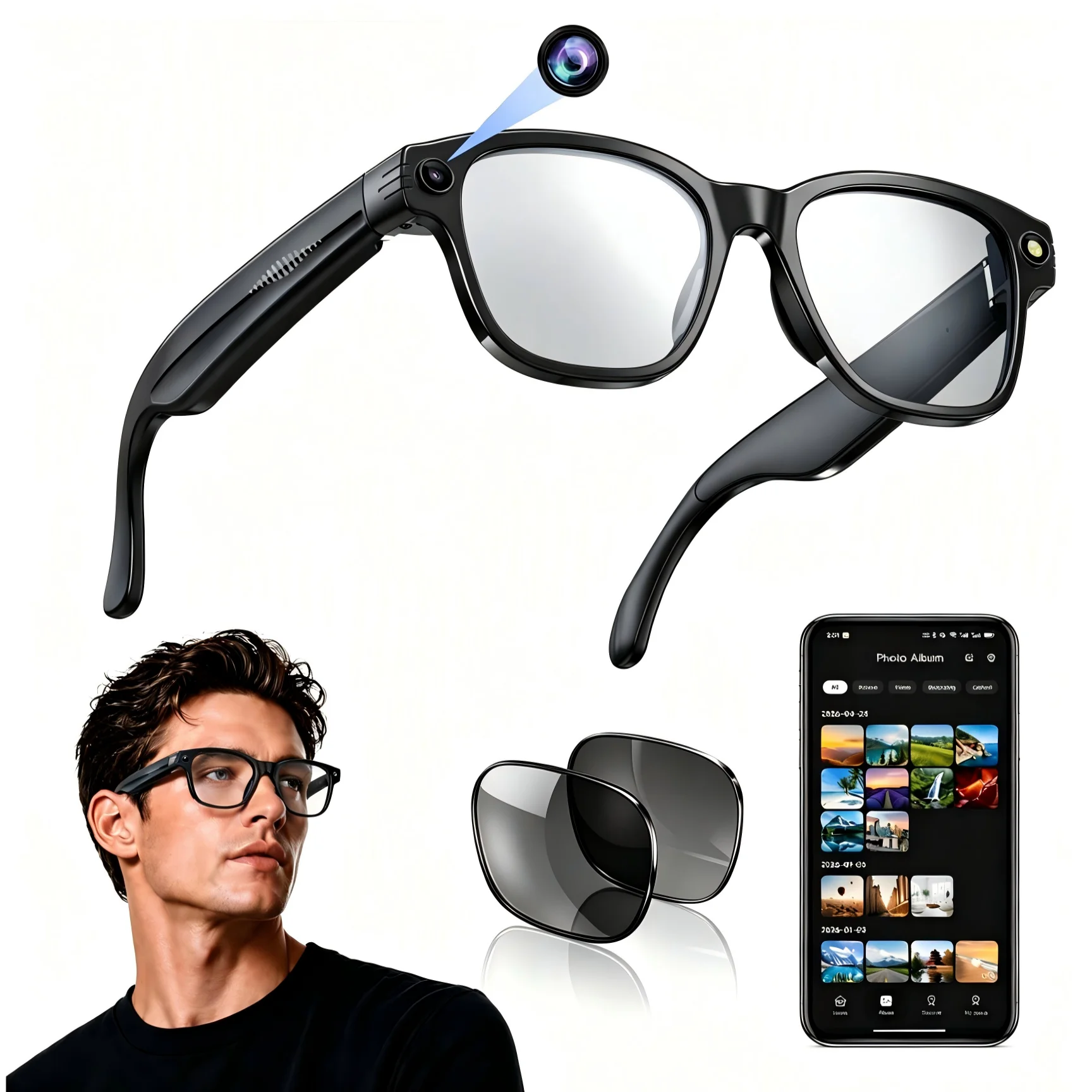 AI Smart Glasses with Camera 1080P EIS Video Recording Bluetooth Music Real-Time Translation Call Waterproof Smart Sunglasses