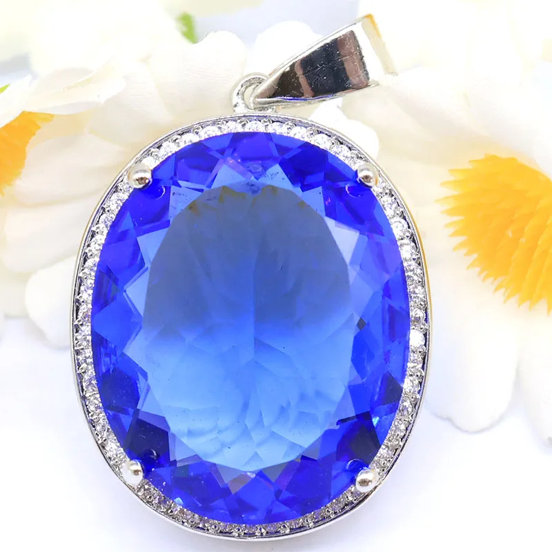 Buy 5 Get 1 Free 34x21mm Big Gemstone 22x18mm created Violet Tanzanite London Blue Topaz CZ Wedding Silver plated Pendant
