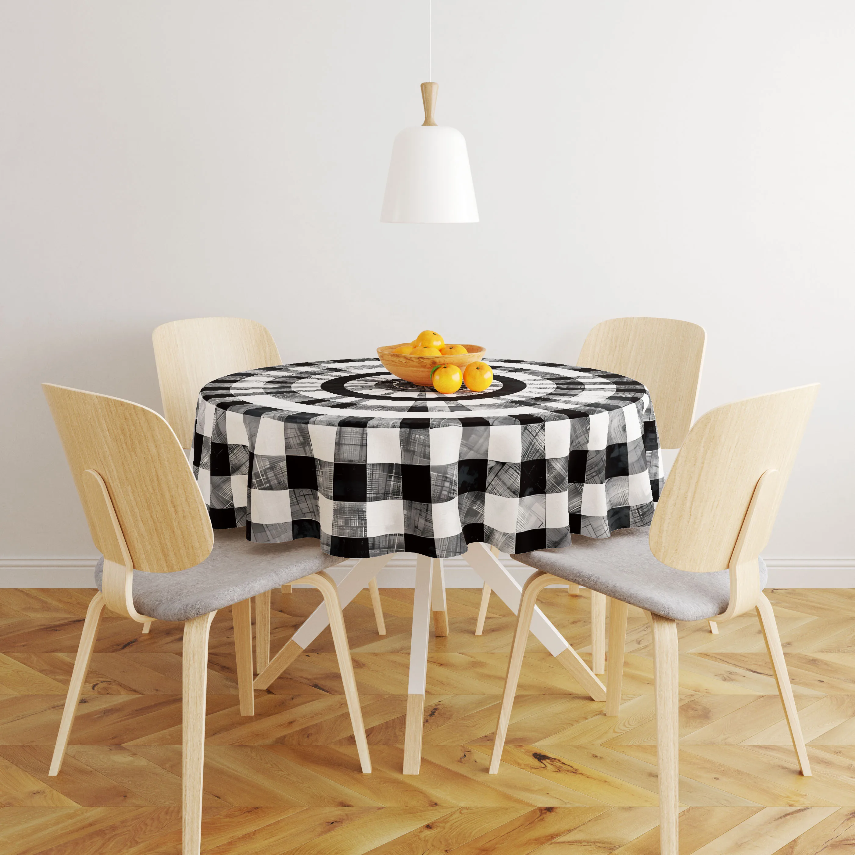 Round tablecloth, black and white checkered spiral pattern printed tablecloth, 2D flat pattern print.