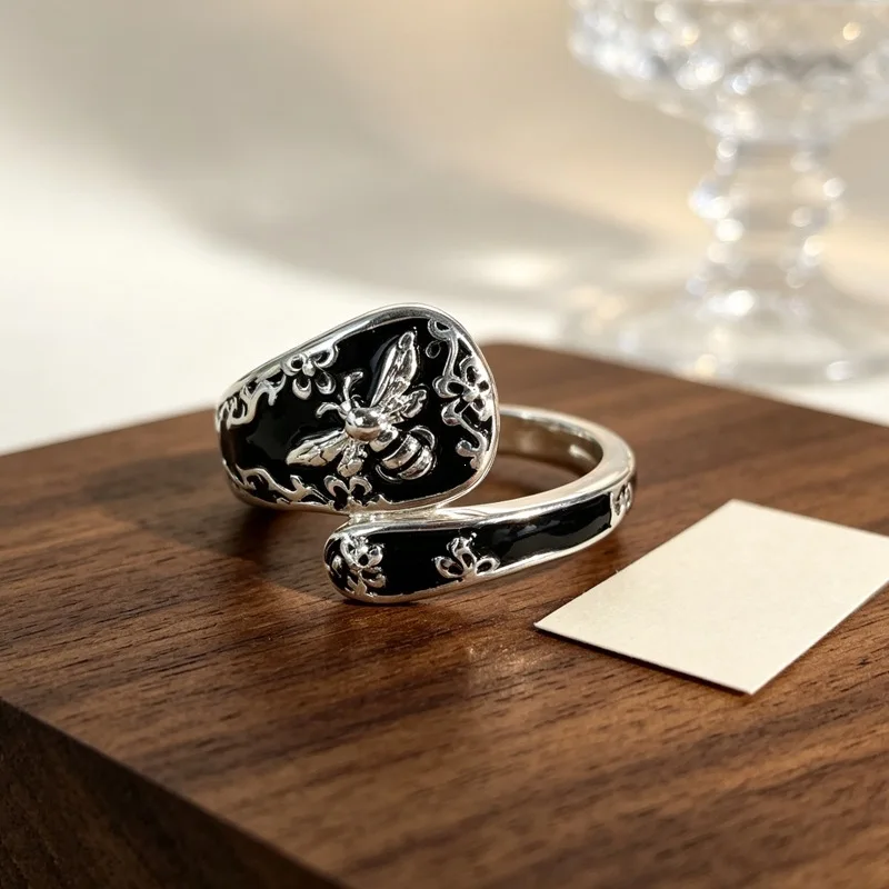 New Fashion Dark Wind Bee 925 Sterling Silver Jewelry Original Relief modeling Flower Animal Opening Rings 02110