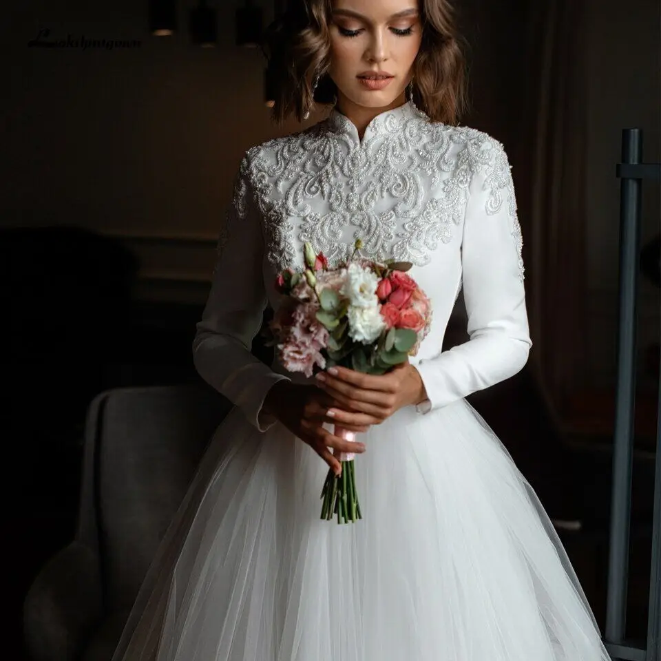 Muslim Wedding Dresses High Neckline Long Sleeve Lace Appliques Beaded A Line Bridal Gown