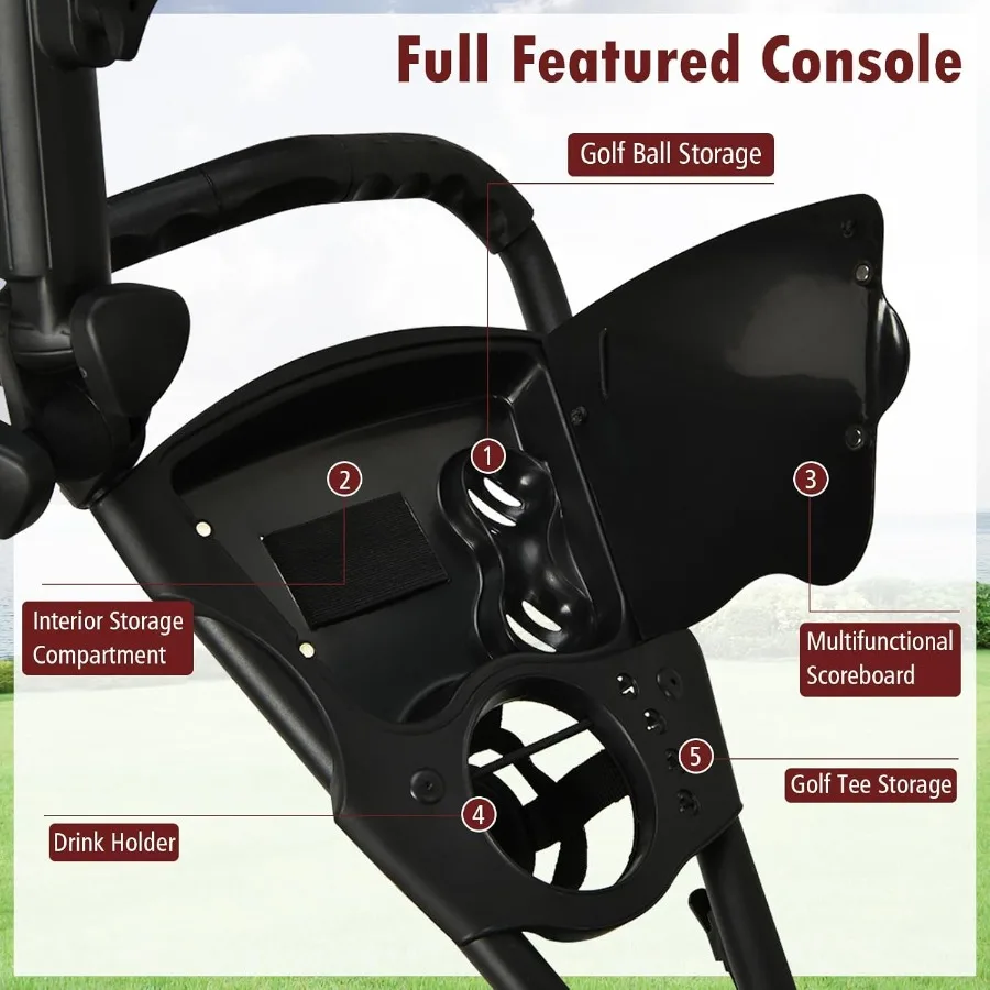 عربة دفع جولف ذات 3 عجلات مع إطار من الألومنيوم لسهولة النقل وتخزين الميزات وحزام مطاطي وحامل المظلة وحامل الكأس Sco #3