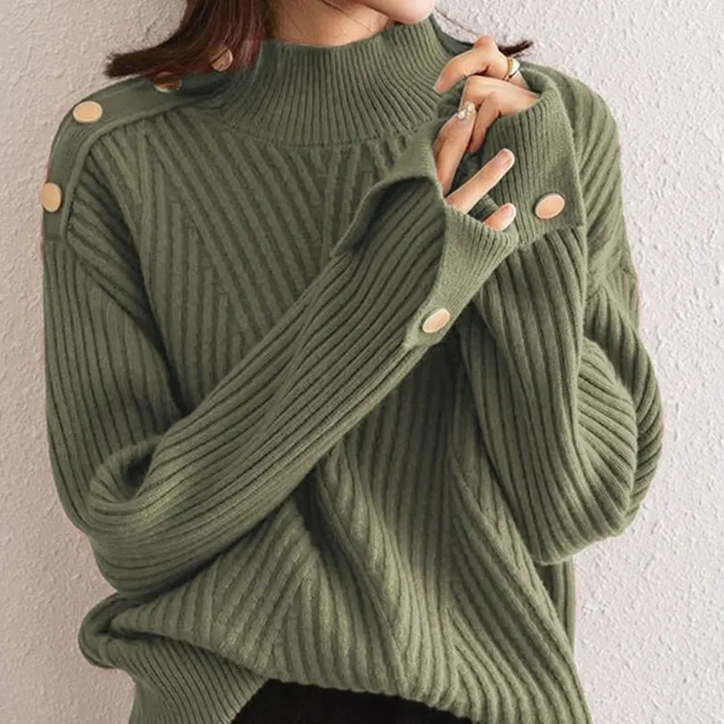 Basic Korean Half High Collar Jumpers Autumn Winter Solid Color Women\'s Clothing Loose Stylish Button Vintage Knitted Sweaters