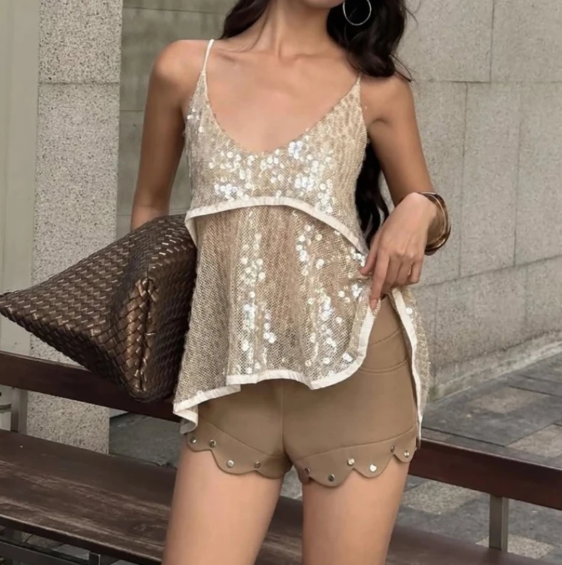 

Women's Sexy Sequins Tank Top Loose Backless Hollow Out Shining Vest, Spice Girls Fashion Party Club Top, New Strappy Female Top