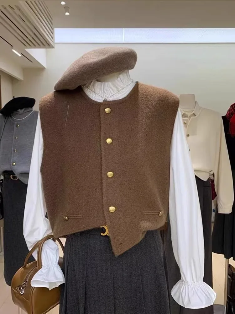 

Ele round Ne Color Commute Single Button Svel Knitted Open Cardigan Vest Top Anti-Aging Autumn Faion