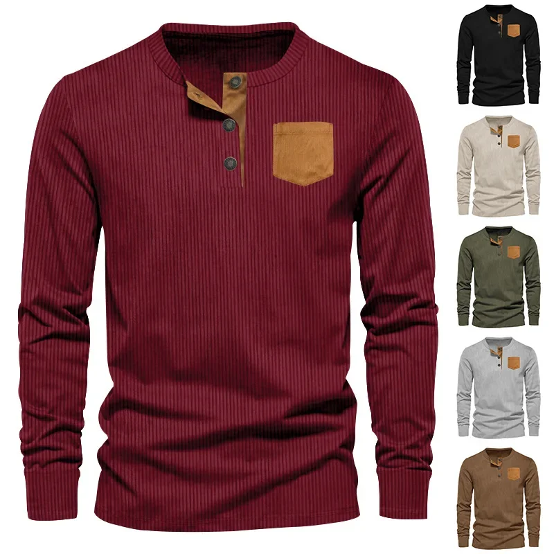 

Spring and Autumn New Casual Men's Corduroy Long Sleeve Pocket T-shirt Henley