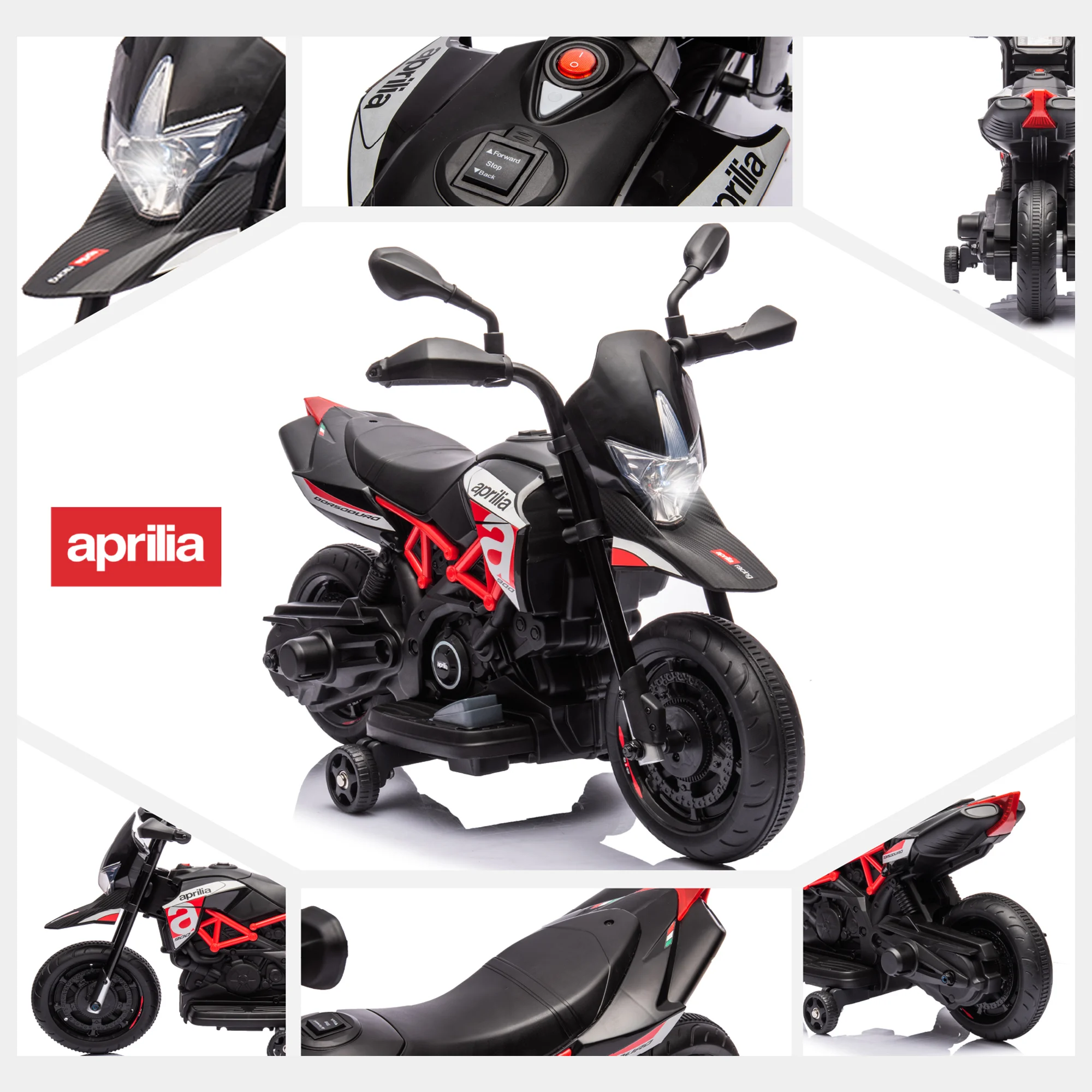 สีแดง, รถจักรยานยนต์ไฟฟ้า Aprilia ได้รับใบอนุญาต, รถจักรยานยนต์เด็ก6V, ม้าของเล่น W/ล้อฝึกอบรม, ไฟ LED, เสียงและเพลง, แป้ง