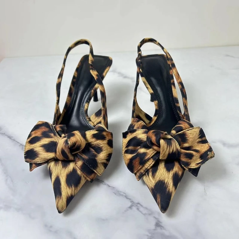 Big Bow Shallow High Heels Sandals for Lady Fashion Pointed Sexy Stiletto Leopard Print Summer Retro Party Luxury Shoes Woman